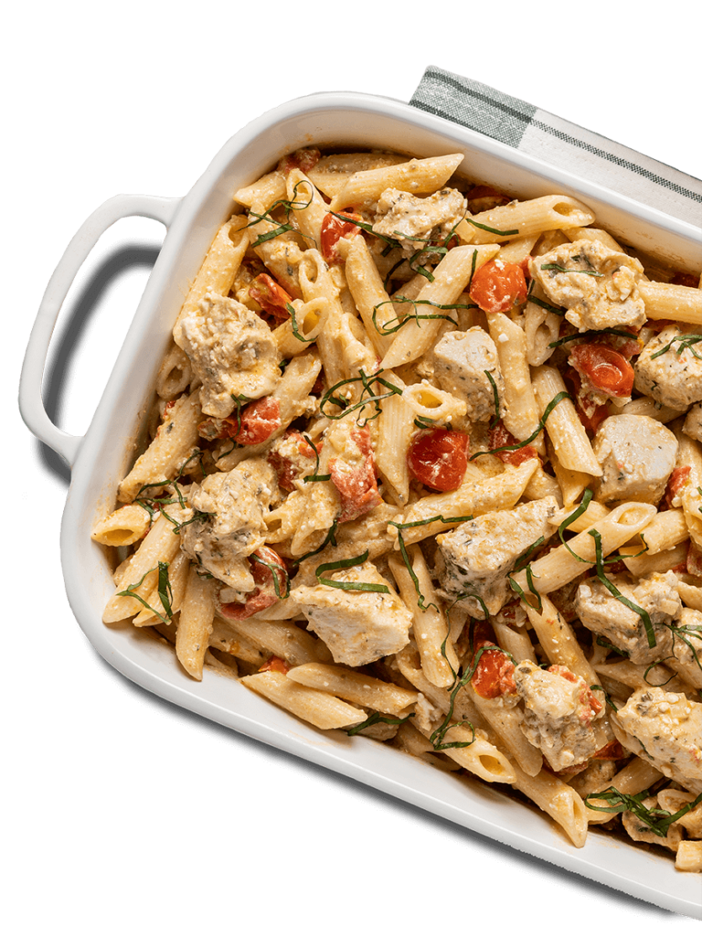 Time Savers product, Boneless Skinless Chicken Breast Cubes. Pictured in an pasta casserole dish.